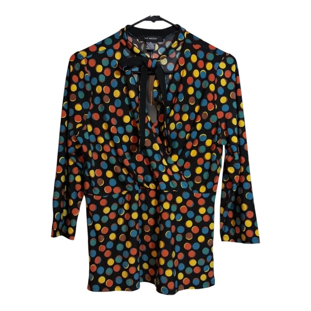 Liz Mccoy Colorful Polka Dot Blouse with Bow Retro Size M